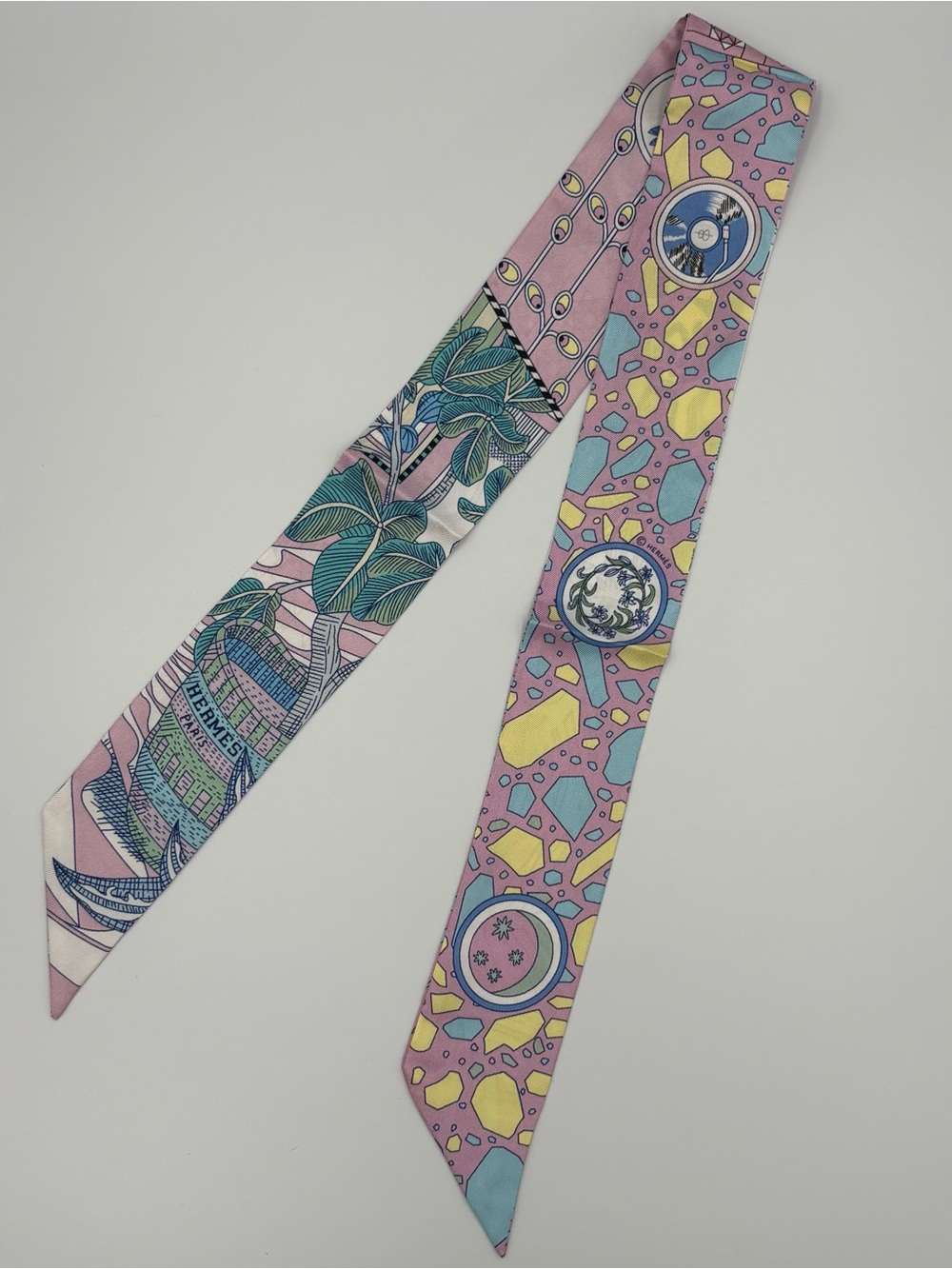 Hermes Twilly Scarf Pink Blue Multicolor Botanical Geometric Bag Handle Wrap